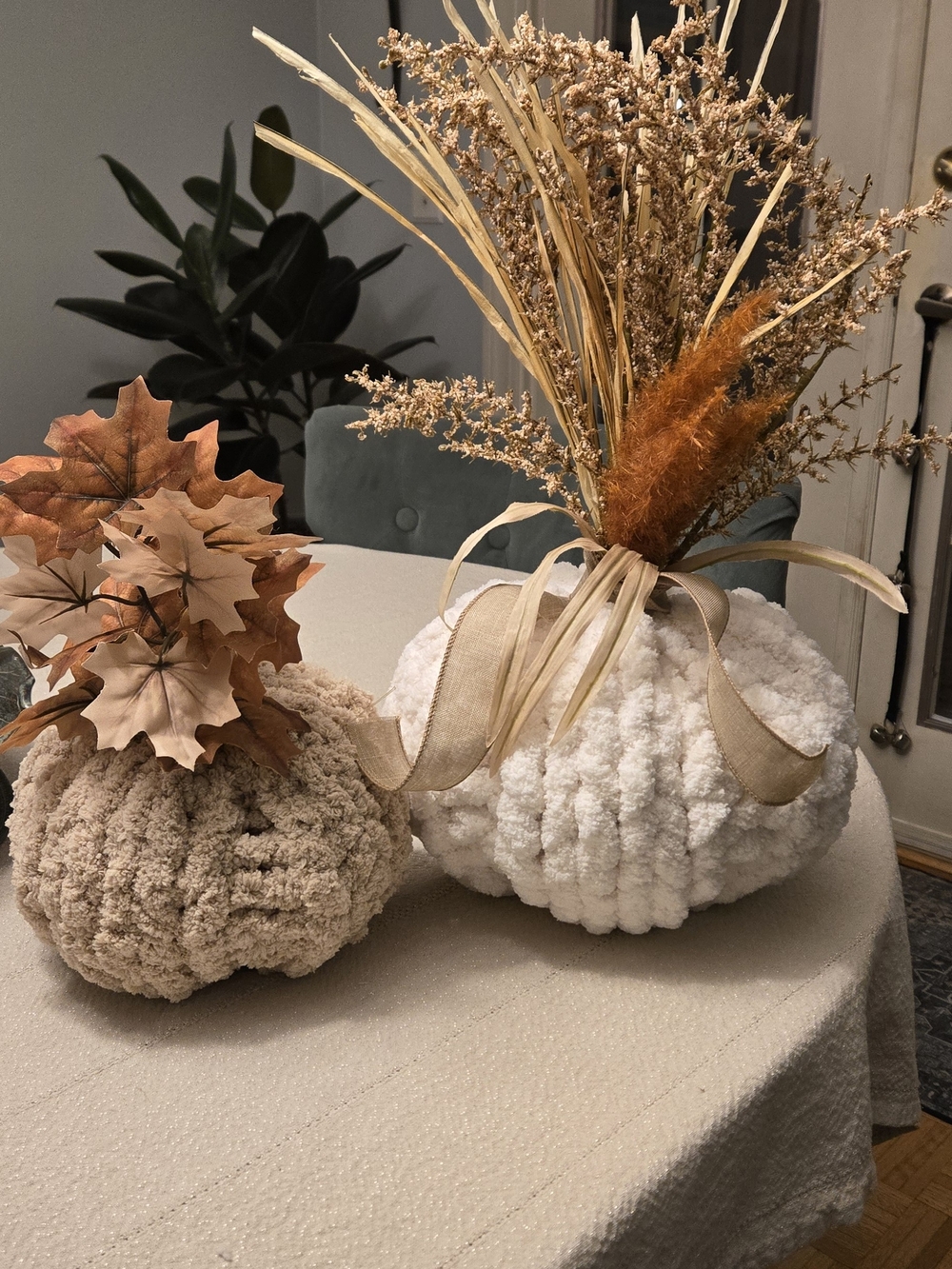 Handmade Handknit Cozy Plush Decorative Pumpkins - White and Beige